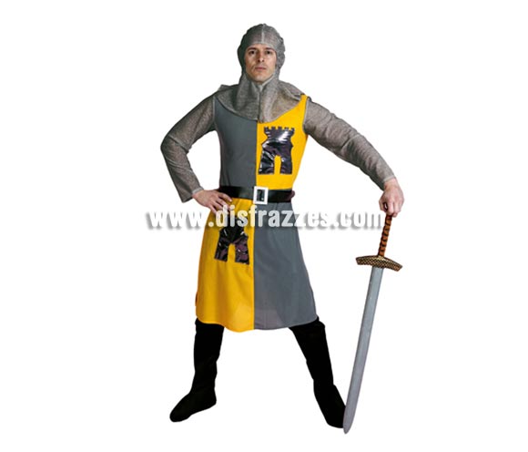Disfraz de Caballero Medieval Amarillo-gris barato para hombre. Talla 52/54. Incluye verdugo, casaca, cinturón y pantalones-botas de tela. Espada NO incluida, podrás verla en la sección de Complementos. Éste disfraz es muy demandado para Ferias Medievales por su bonito diseño y sus colores.