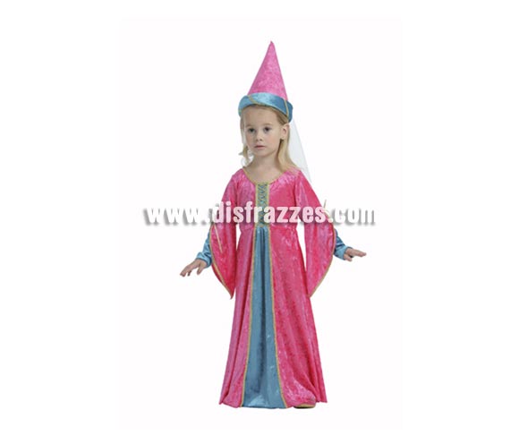 Disfraz de Princesa Rosa para niña. Talla de 3 a 4 años. Incluye vestido y sombrero con velo. Disfraz de Princesa Medieval para niña.
