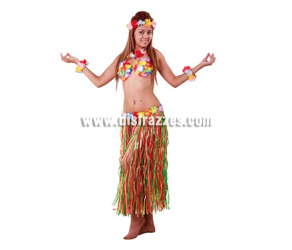 Set de Hawaiana. Compuesto por cinta de la cabeza, muñequeras, collar, cocos y falda. Disfraz de Hawaiana o Hawaiano.