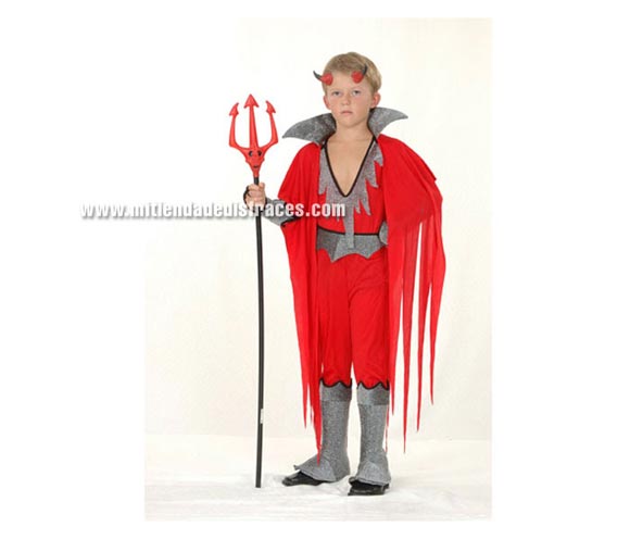 Disfraz de Diablo o Demonio Económico talla de 2 a 4 años. Incluye mono con cubrebotas, capa con cuello, cuernos y brazalete. Tridente NO incluido, podrás verlo en la sección de Complementos.