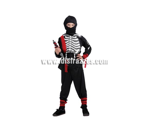 Disfraz de Ninja Esqueleto talla de 7 a 9 años. Incluye camisa, pantalones, máscara, cinturón y guante (sólo del lado derecho). Puñal NO incluido.