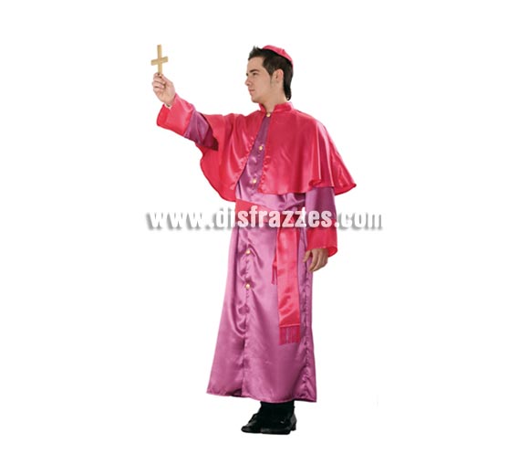 Disfraz de Obispo adulto. Talla única 52/54. Incluye bonete, capelina, túnica y fajín. Cruz NO incluida, podrás verla en la sección de Complementos.