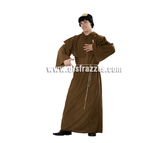 Disfraz barato de Monje para hombre. Talla Standar M-L = 52/54. Incluye capelina con capucha, túnica y cinturón. Calva NO incluida, podrás verla en la sección Complementos. Éste disfraz se usa mucho también para Halloween.