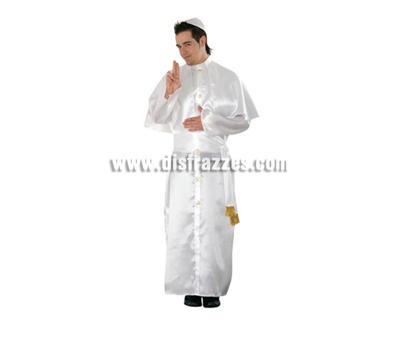 Disfraz de Papa para hombre. Talla única 52/54. Incluye gorro, vestido y fajín. Éste disfraz se suele utilizar mucho para Grupos junto con otros disfraces de Monjas, de Cardenales, de Monjes, etc. y queda muy guay.