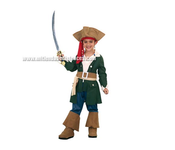 Disfraz de Pirata Caribeño talla de 4 a 6 años. Incluye sombrero, pecherín, chaqueta, cinturón y pantalones con botas. Espada NO incluida. Para jugar a ser Jack Sparrow.