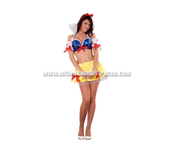 Disfraz de Blancanieves Super Sexy mujer. Talla única 38/40. Incluye sujetador, manguitas y falda. Dale una sorpresa a tu chico, cuando te vea seguro que se queda boquiabierto.