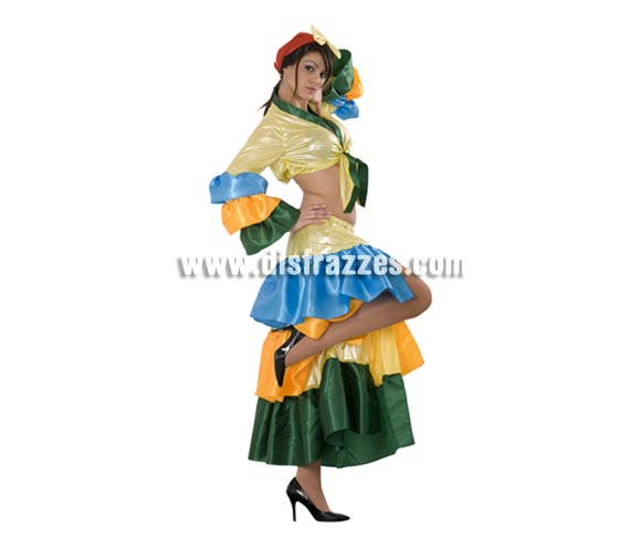 Disfraz de Salsa para mujer. Talla standar M-L = 38/42. Incluye pañuelo, camisa y falda. También sirve como disfraz de Brasileña, Caribeña o Rumbera.