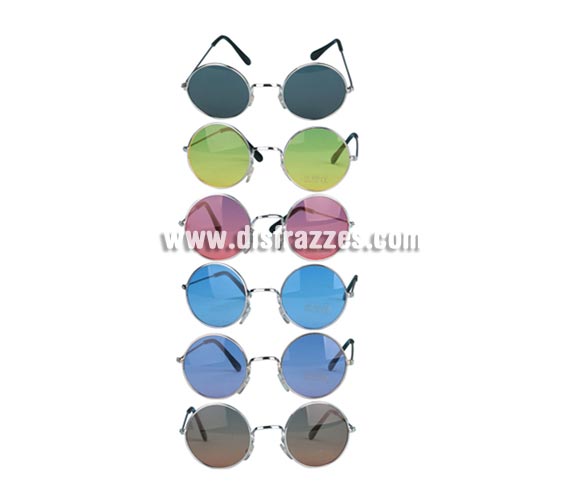 Gafas de Sol redondas 6 colores surtidos. Gafas de Hippies o de Elton John o Beattles. Ideal como complemento de tu disfraz para Carnaval para ir de Fiesta a Pub's, Discotecas, Casas particulares, Restaurantes o Colegios y ayudar a crear un ambiente Carnavalesco y Festivo propio de la Fiesta de Carnavales.