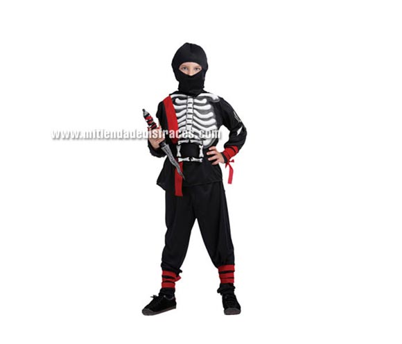 Disfraz de Ninja Esqueleto talla de 4 a 6 años. Incluye camisa, pantalones, máscara, cinturón y guante (sólo del lado derecho). Puñal NO incluido.