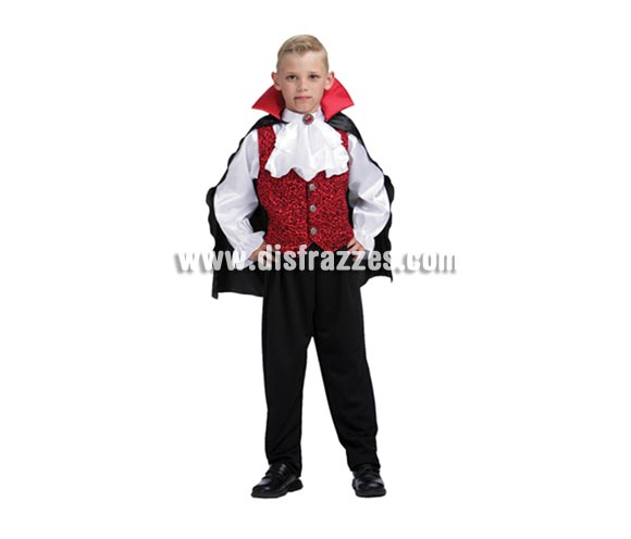 Disfraz de Vampiro de lujo o Drácula niño para Halloween barato. Talla de 5 a 6 años. Incluye camisa con pechera, chaleco, capa y pantalón.