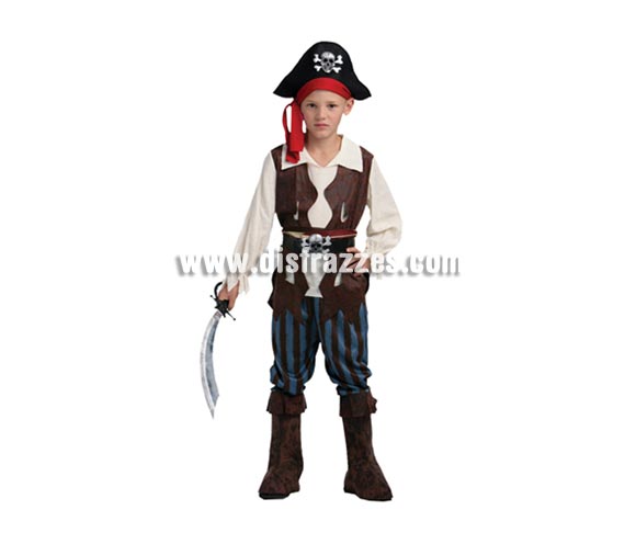 Disfraz de Pirata del Caribe niño talla de 10 a 12 años. Incluye camisa con chaleco cosido, cinturón, pantalones con caña de bota cosida.