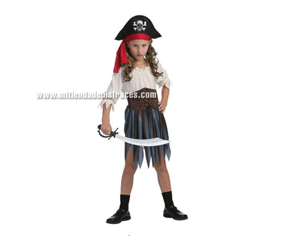 Disfraz de Pirata del Caribe niña talla de 4 a 6 años. Incluye vestido, corpiño, cubrebotas y sombrero. Espada no incluida, podrás verla en la sección Complementos.