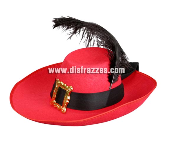 Sombrero rojo de Mosquetero con pluma niño para Carnaval. Talla universal de niños. Perfecto para disfraz de Dartañan o D'Artagnan, como dirían en Francia.
