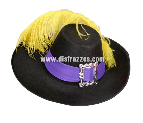Sombrero Mosquetero adulto de color negro con pluma para Carnaval. Talla universal de adultos. Gorro de D'Artagnan.