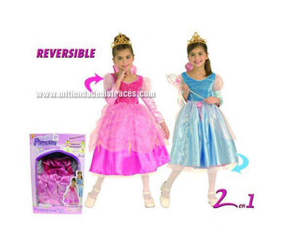 Disfraz de Princesa encantada reversible rosa/azul 2x1. Talla de 8 a 10 años.