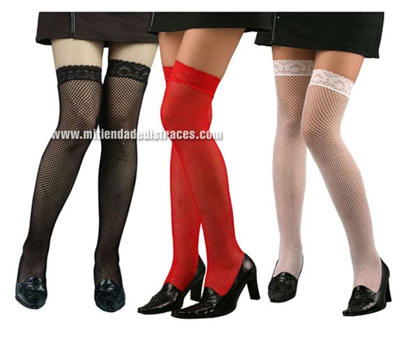 Medias rejilla con liga 5 hilos, 3 colores surtidos. Precio por unidad. Ideal como complemento de tu disfraz para Carnaval para ir de Fiesta a Pub's, Discotecas, Casas particulares, Restaurantes o Colegios y ayudar a crear un ambiente Carnavalesco y Festivo propio de la Fiesta de Carnavales.