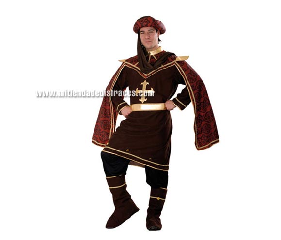 Disfraz de Cortesano adulto talla única 52/54. Incluye gorro, casaca, cinturón, pantalón y cubrebotas. Excelente traje para Ferias Medievales.