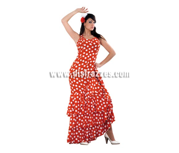 Disfraz de Flamenca rojo con lunares blancos para mujer. Talla standar M-L = 38/42. Incluye vestido. Disfraz de Sevillana o Andaluza adulta ideal para disfrazarse y para Despedidas de Soltera.
