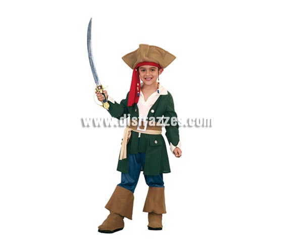 Disfraz barato de Pirata Caribeño talla de 7 a 9 años. Incluye sombrero, pecherín, chaqueta, cinturón y pantalones con botas. Espada NO incluida. Para jugar a ser Jack Sparrow.