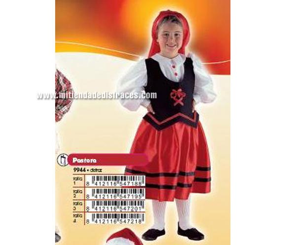 Disfraz de Pastora talla 3 a 5 años. Incluye pañuelo, chaleco, camisa y falda.