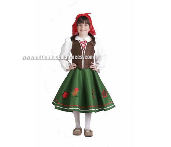 Disfraz de Pastora Navideña infantil. Alta calidad. Hecho en España. Disponible en varias tallas. Incluye pañuelo, camisa, chaleco y falda.