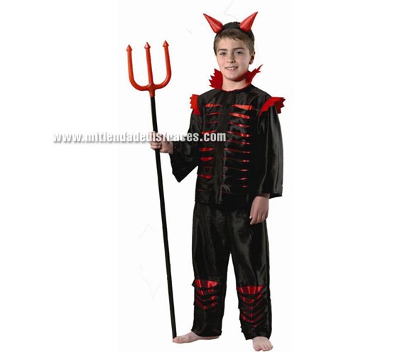 Disfraz de Demonio infantil. Alta calidad. Hecho en España. Disponible en varias tallas. Incluye chaqueta con capucha y cuernos y pantalones. Tridente NO incluido, podrás verlo en la sección Complementos.