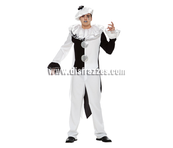 Disfraz de Pierrot para hombre. Talla 54. Incluye camisa, pantalón y sombrero.