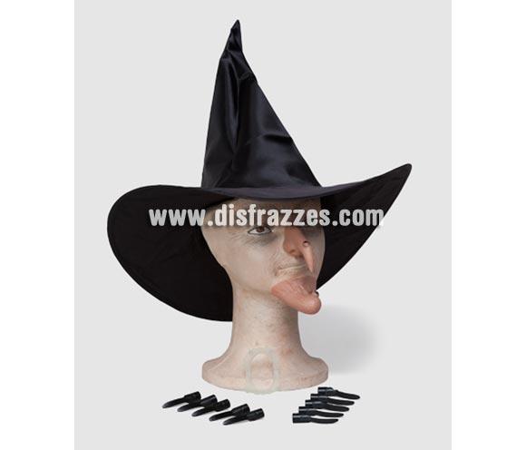 Complementos para disfraz de Bruja. Incluye sombrero, nariz, barbilla, disntes fluorescentes y uñas. Ideal como complemento de tu disfraz de Bruja para Halloween para ir de Fiesta a Pub's, Discotecas, Casas particulares o Restaurantes y ayudar a crear un ambiente terrorífico y tenebroso en Halloween.