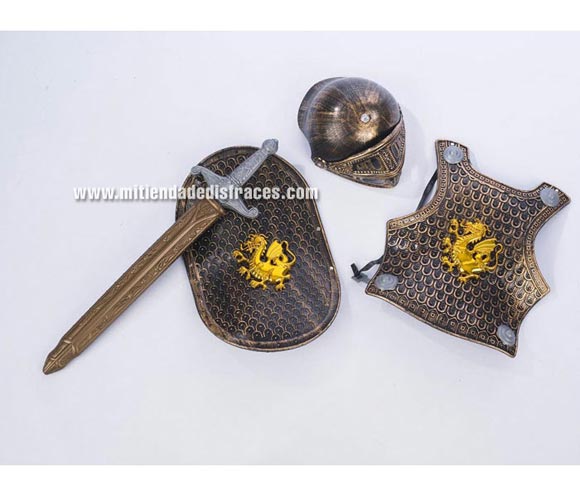 Set Guerrero Oro deluxe. Talla universal de niñ@. Incluye Coraza, casco, espada y escudo oro.