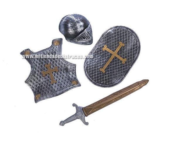Set Guerrero Plata deluxe. Talla universal de niñ@. Incluye Coraza, casco, espada y escudo plata. 