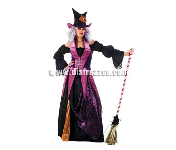 Disfraz de Bruja Chistera adulta Deluxe. Alta calidad. Hecho en España. Disponible en varias tallas. Incluye camisa, falda, corpiño y sombrero. Escoba NO incluida, podrás verla en la sección Complementos.
