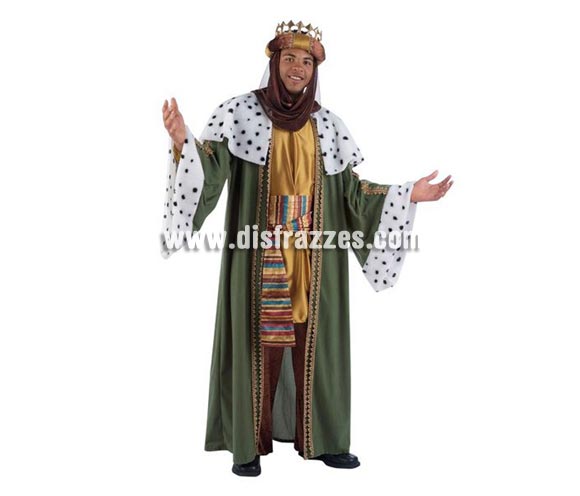 Disfraz de Rey Baltasar adulto Deluxe. Buena calidad. Hecho en España. Disponible en varias tallas. Incluye pantalón, turbante, túnica, casaca y fajín. Corona NO incluida, podrás verla en la sección Complementos.