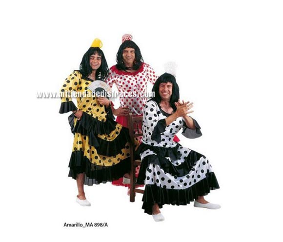 Disfraz de Flamenca o Sevillana de hombre amarillo/negro Deluxe. Alta calidad. Hecho en España. Disponible en varias tallas. Incluye vestido con relleno. Peluca NO incluida, podrás verla en la sección Pelucas.