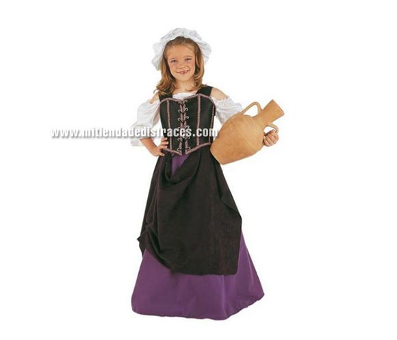 Disfraz de Tabernera Medieval infantil Deluxe. Hecho en España. Disponible en varias tallas. Incluye camisa, falda, gorro y corpiño. Disfraz de Mesonera o Posadera.