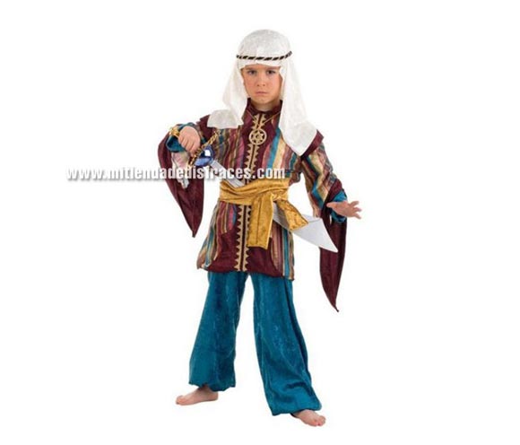 Disfraz de Tuareg Turquesa infantil Deluxe. Hecho en España. Disponible en varias tallas. Incluye camisa, pantalón, cinturón y pañuelo de la cabeza. Espada NO incluida. Disfraz de Paje para Navidad.