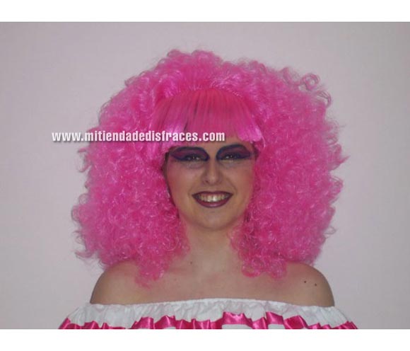 Peluca flequillo y rizo rosa. Muy buena calidad. Fabricada en España. Talla universal.
