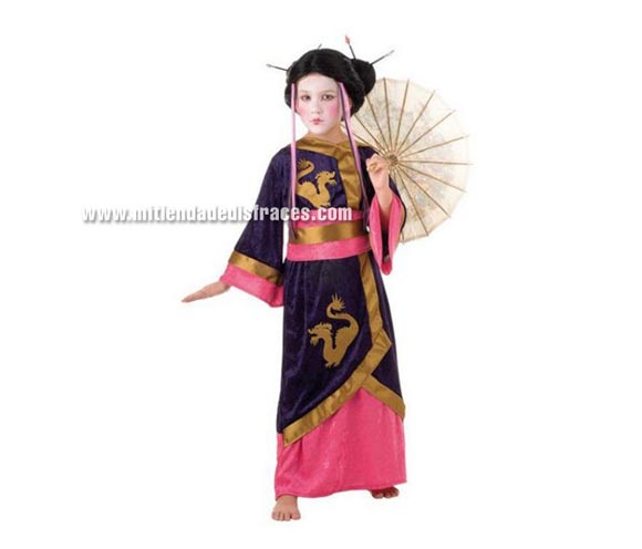 Disfraz de Gheisa Kyoto infantil Deluxe. Hecho en España. Disponible en varias tallas. Incluye cinturón y kimono. Peluca y sombrilla NO incluidas, podrás verlas en las secciones de Complementos y Pelucas.