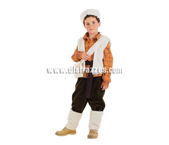Disfraz de Pastor infantil Deluxe. Hecho en España. Disponible en varias tallas. Incluye gorro, cinturón, polainas, chaleco y bandolera, también incluye un garrote o bastón que no aparece en la foto, pero SÍ que lo lleva. Disfraz de Pastorcito o Pastorcillo para Navidad.