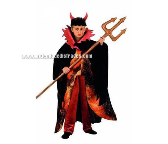 Disfraz de Diablo Lucifer infantil Deluxe. Hecho en España. Disponible en varias tallas. Incluye túnica, pantalón y gorro con cuernos. Tridente NO incluido.