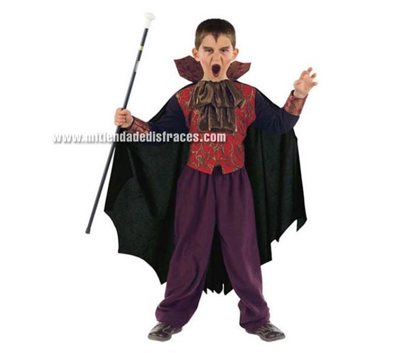 Disfraz de Vampiro infantil Deluxe. Hecho en España. Disponible en varias tallas. Incluye camisa con capa y pantalón. Bastón NO incluido.