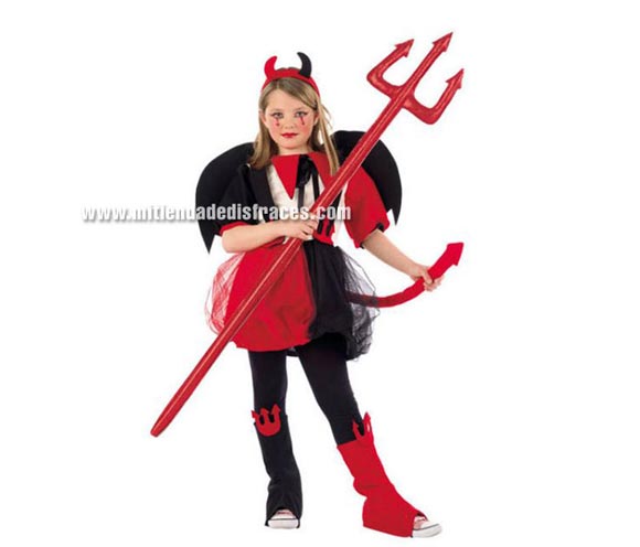 Disfraz de Diablesa infantil Deluxe. Hecho en España. Disponible en varias tallas. Incluye vestido con alas, diadema con cuernos y cubrebotas. Tridente NO incluido.