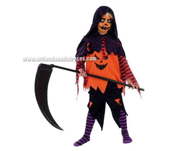 Disfraz de Calabaza Halloween infantil deluxe. Alta Calidad. Hecho en España. Disponible en varias tallas. Incluye camisa con capucha y pantalón. Guadaña y medias NO incluidas.