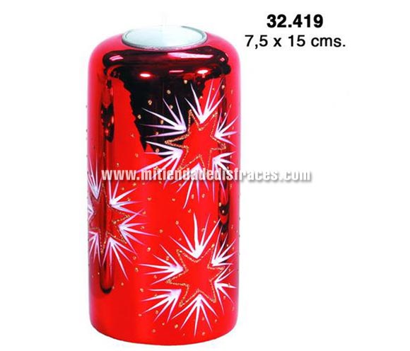 Velón de cristal decorado en color rojo de 7,5x15 cms. Ideal para decorar la casa en Navidad.