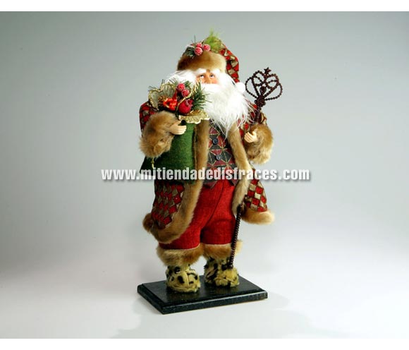 Santa Claus en base con bastón y regalos 51 cm. Muñeco Papa Noel para decorar la casa en Navidad.