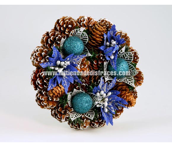 Centro de mesa con piñas y bolas 23 cm. azul.