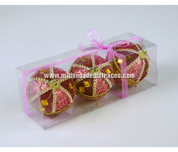 Estuche de 3 bolas con gajos y piedras de color púrpura. Ideal para decorar el árbol de Navidad.