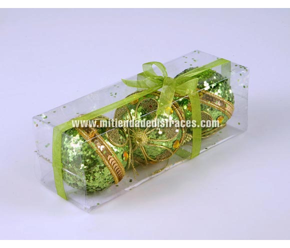Estuche de 3 bolas con gajos y piedras de color verde. Ideal para decorar el árbol de Navidad.