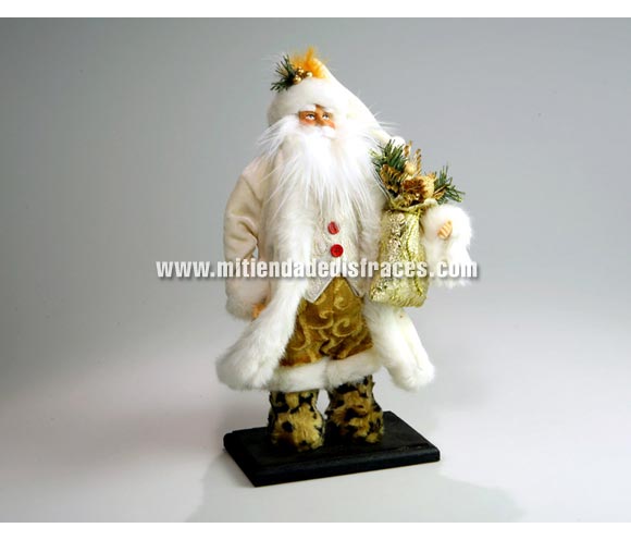 Santa Claus en base con traje blanco y regalos 41 cm. Papa Noel para decorar en Navidad.