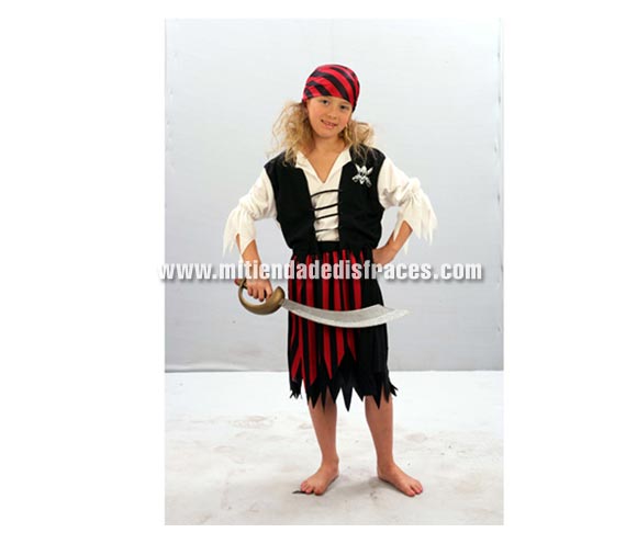Disfraz de Pirata rojo y negro niña. Talla de 10 a 12 años. Incluye pañuelo, camisa con chaleco y falda. Espada NO incluida, podrás verla en la sección de Complementos. 