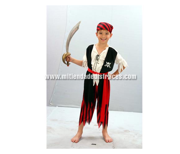 Disfraz de Pirata rojo y negro para niño. Talla de 10-12 años. Incluye pañuelo, camisa con chaleco, cinturón y pantalón. Espada NO incluida, podrás verla en la sección de Complementos.